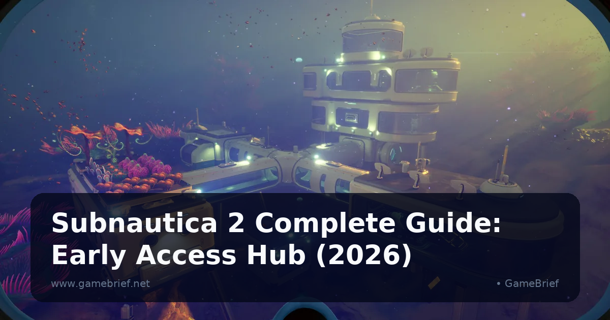 Subnautica 2 underwater base viewed from outside: a multi-story tower linked to smaller pod modules, coral growing on a rooftop platform