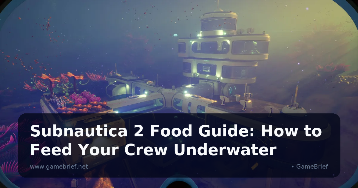 Subnautica 2 player near a Fabricator with food items visible in inventory, shallow biome fish visible through the base window
