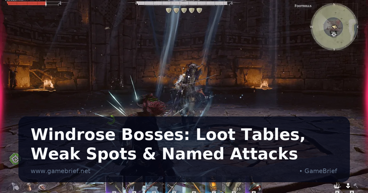 Windrose boss fight against Israel Hands inside a torchlit Foothills ruin, Weapon Infused buff icon active in the corner