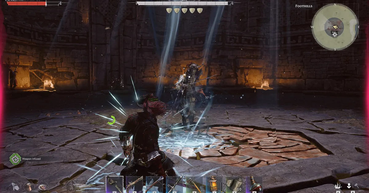 Windrose Israel Hands boss fight in a Foothills temple arena, the boss health bar labeled Israel Hands at the top and light beams in the chamber