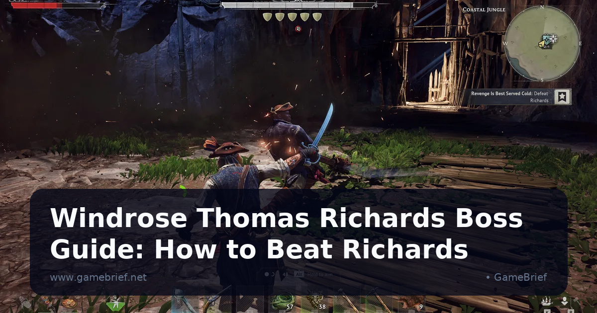 Windrose player sword-fighting boss Thomas Richards on a wooden dock in the Coastal Jungle, quest marker reading Defeat Richards visible