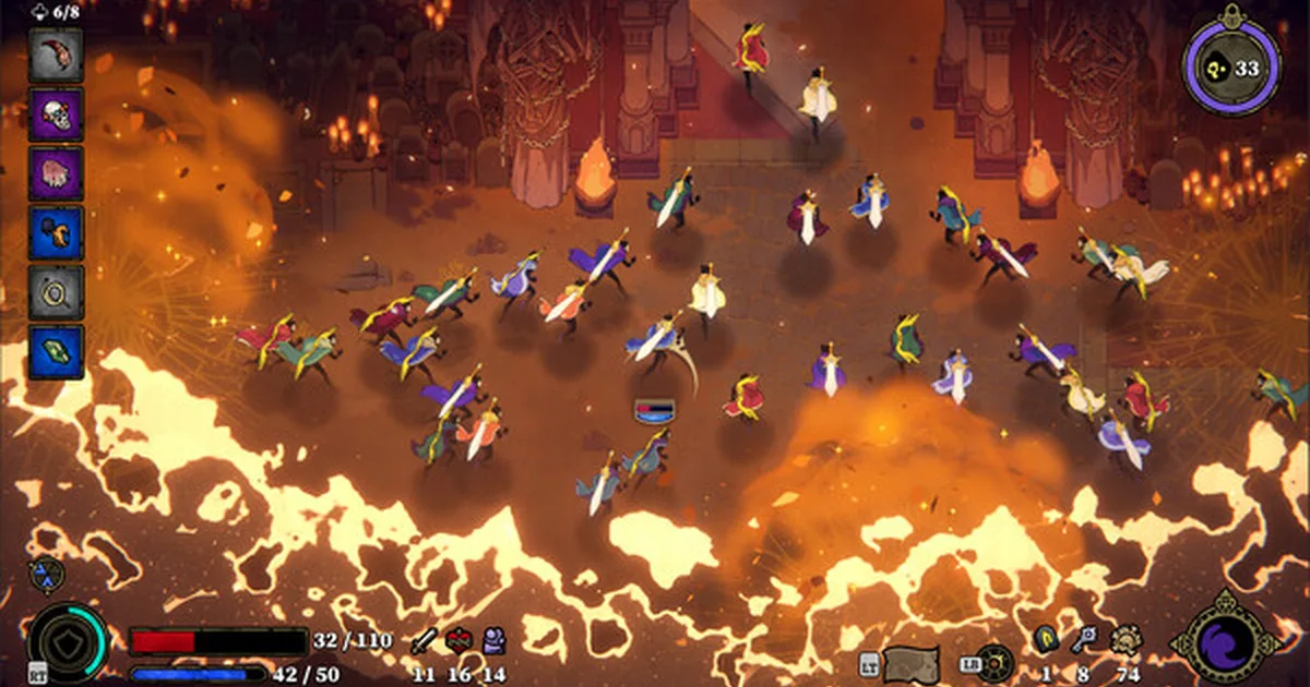 Dozens of caped 33 Immortals players charging across fiery Inferno ground toward stone gate architecture, HUD showing the 33 player counter