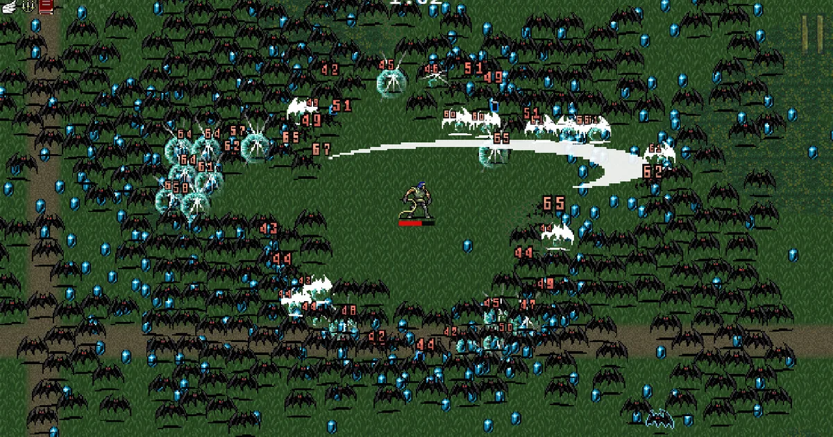 Vampire Survivors gameplay with dozens of projectiles filling the screen against a crowd of enemies