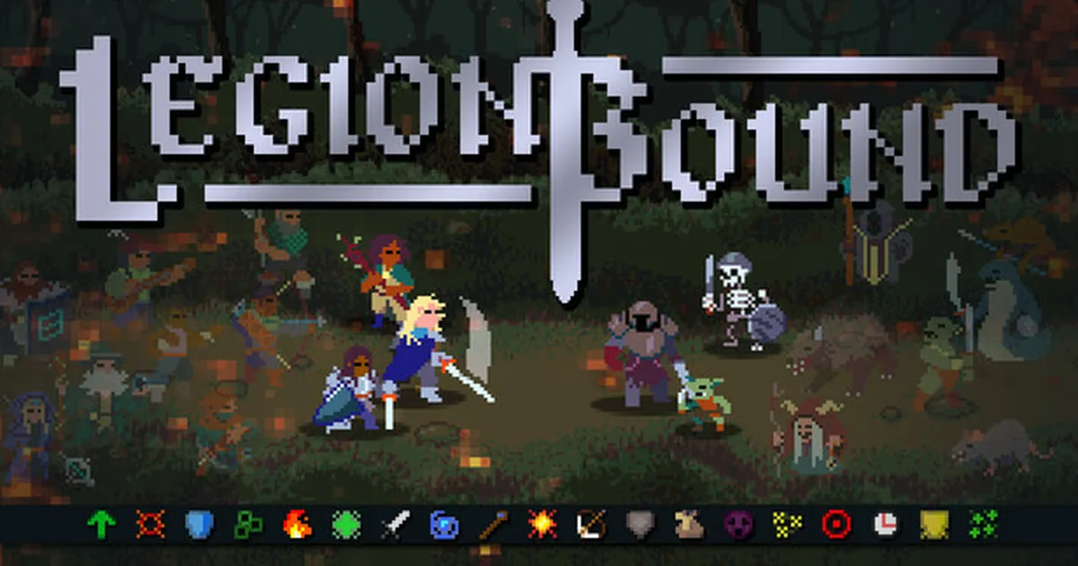 Legionbound battle screen showing rows of pixel-art heroes clashing with enemy waves on a dungeon tileset map